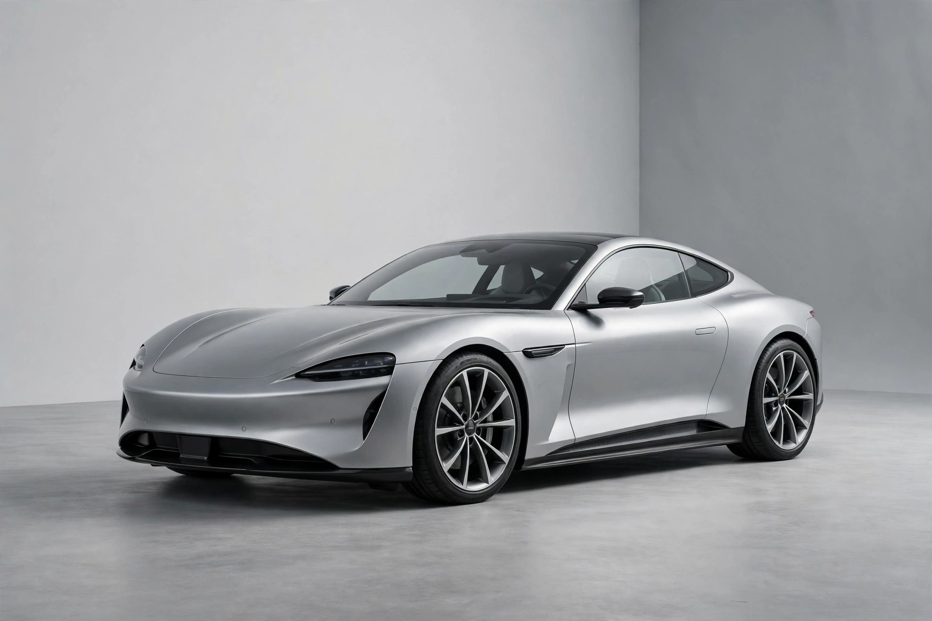 Illustration of a silver two-seat electric sports coupe in a studio