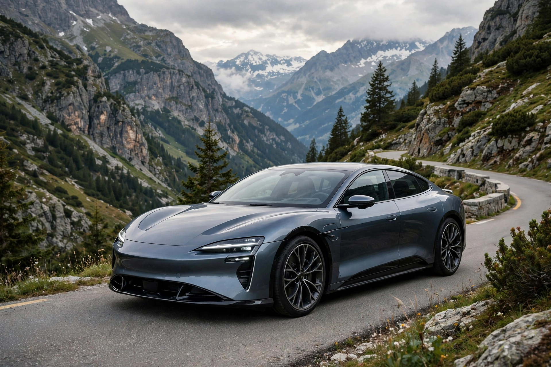 Illustration of a sporty electric performance sedan on an alpine road