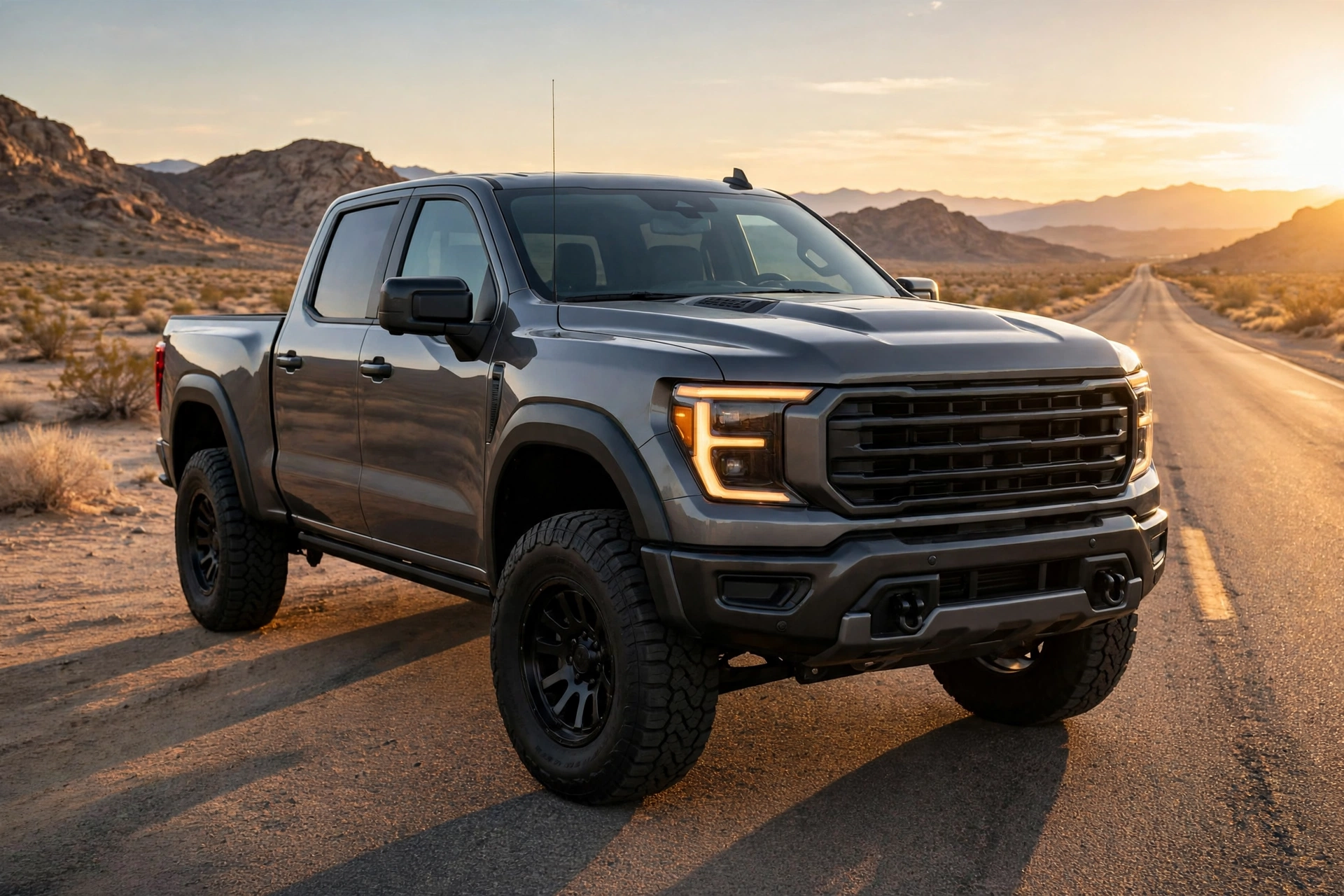 Illustration of a full-size American pickup truck on a desert highway at golden hour