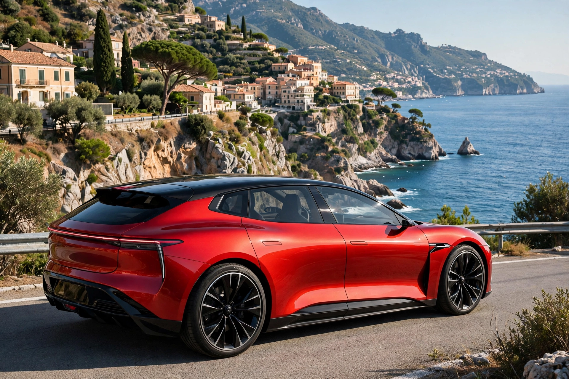 Illustration of a red futuristic five-door electric grand tourer on an Italian coastal road
