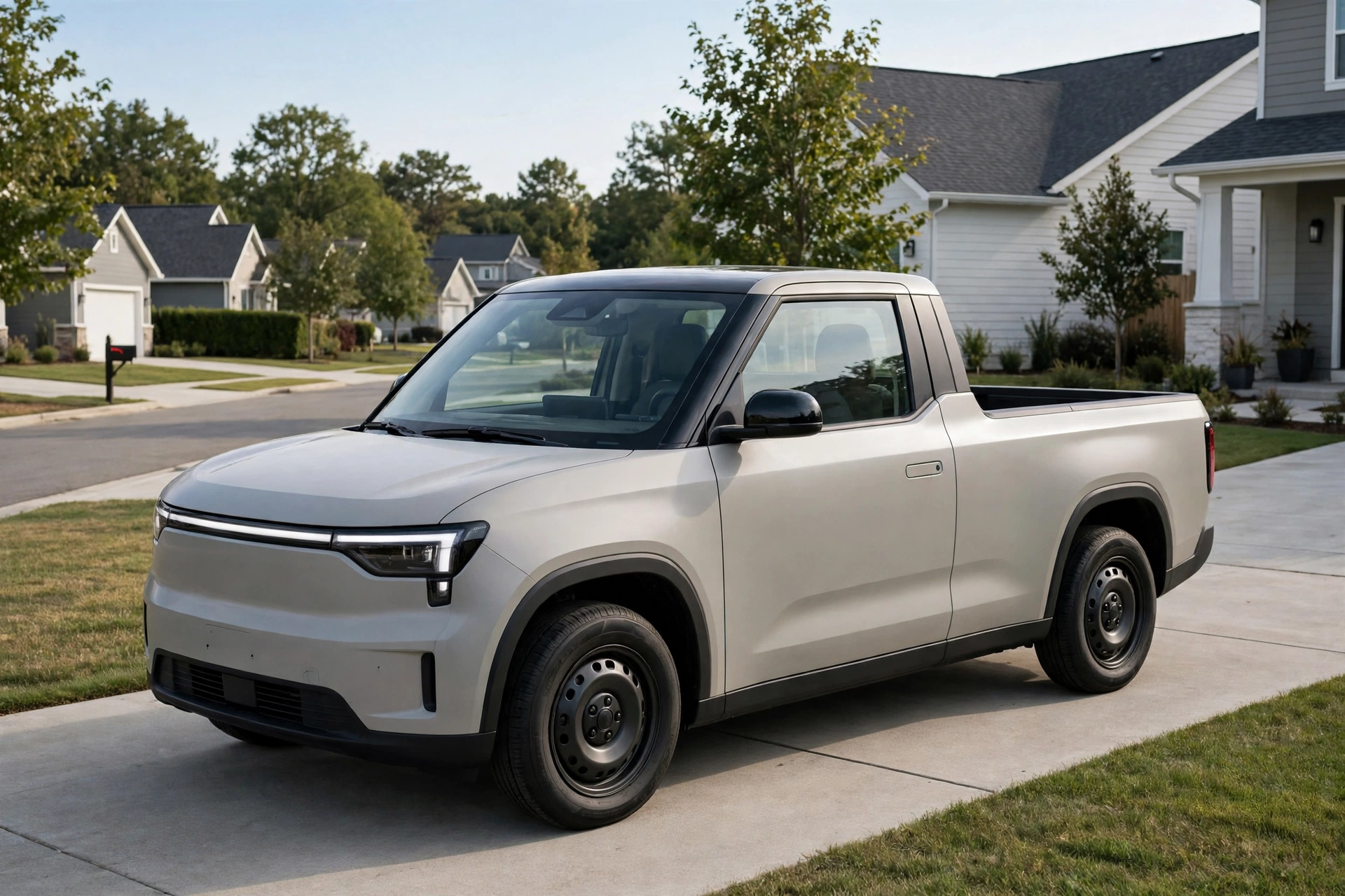 Illustration of a compact affordable electric pickup truck in an American suburb