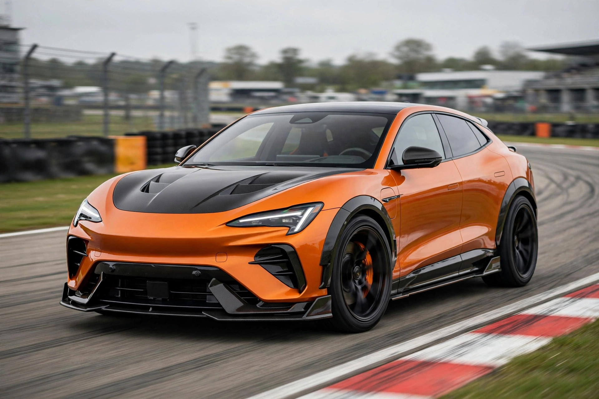 Illustration of an orange high-performance electric crossover on a racetrack