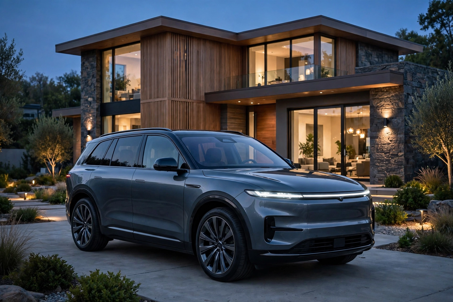 Illustration of a large luxury three-row electric SUV at dusk