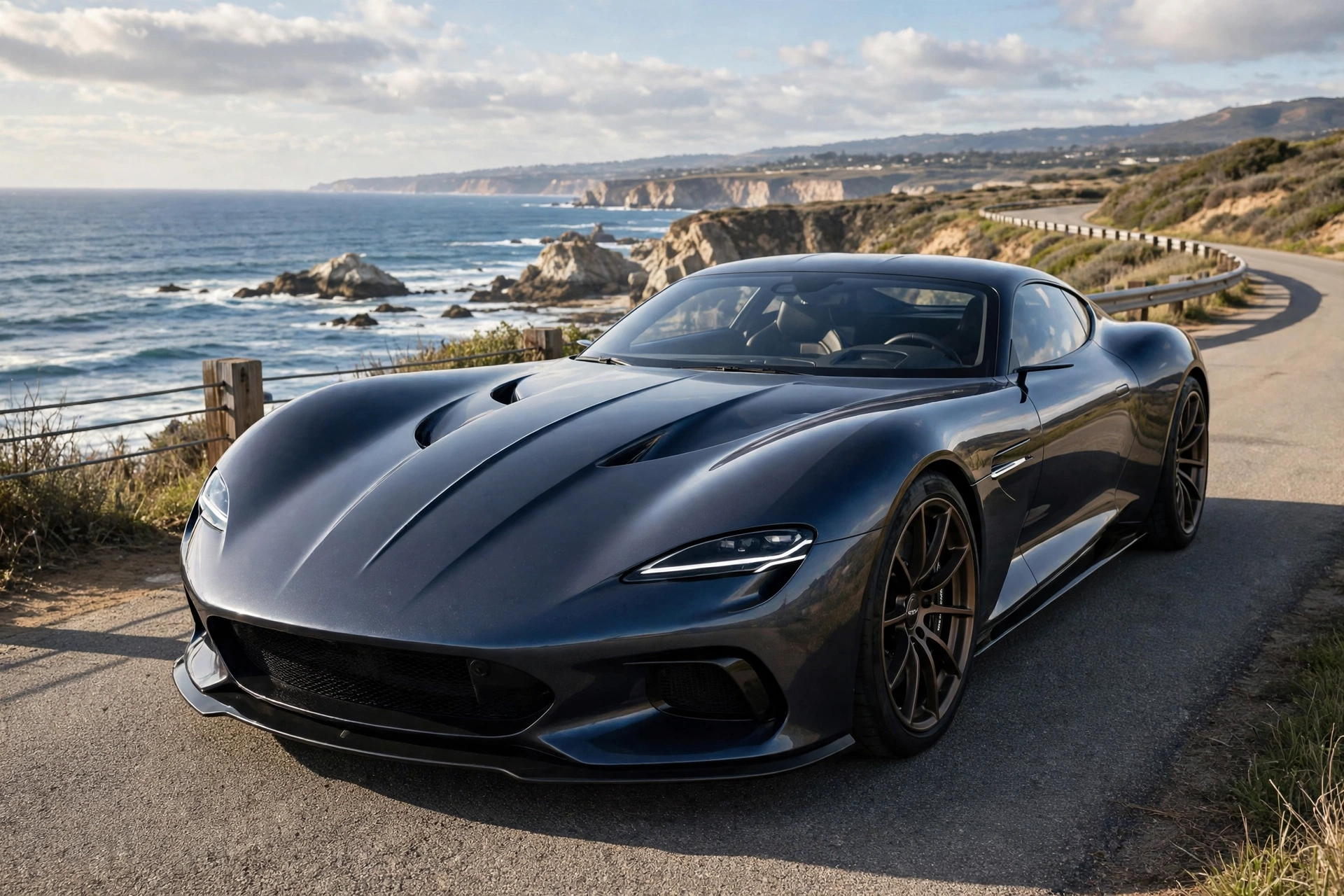 Illustration of a low front-engine flagship sports car on a coastal road