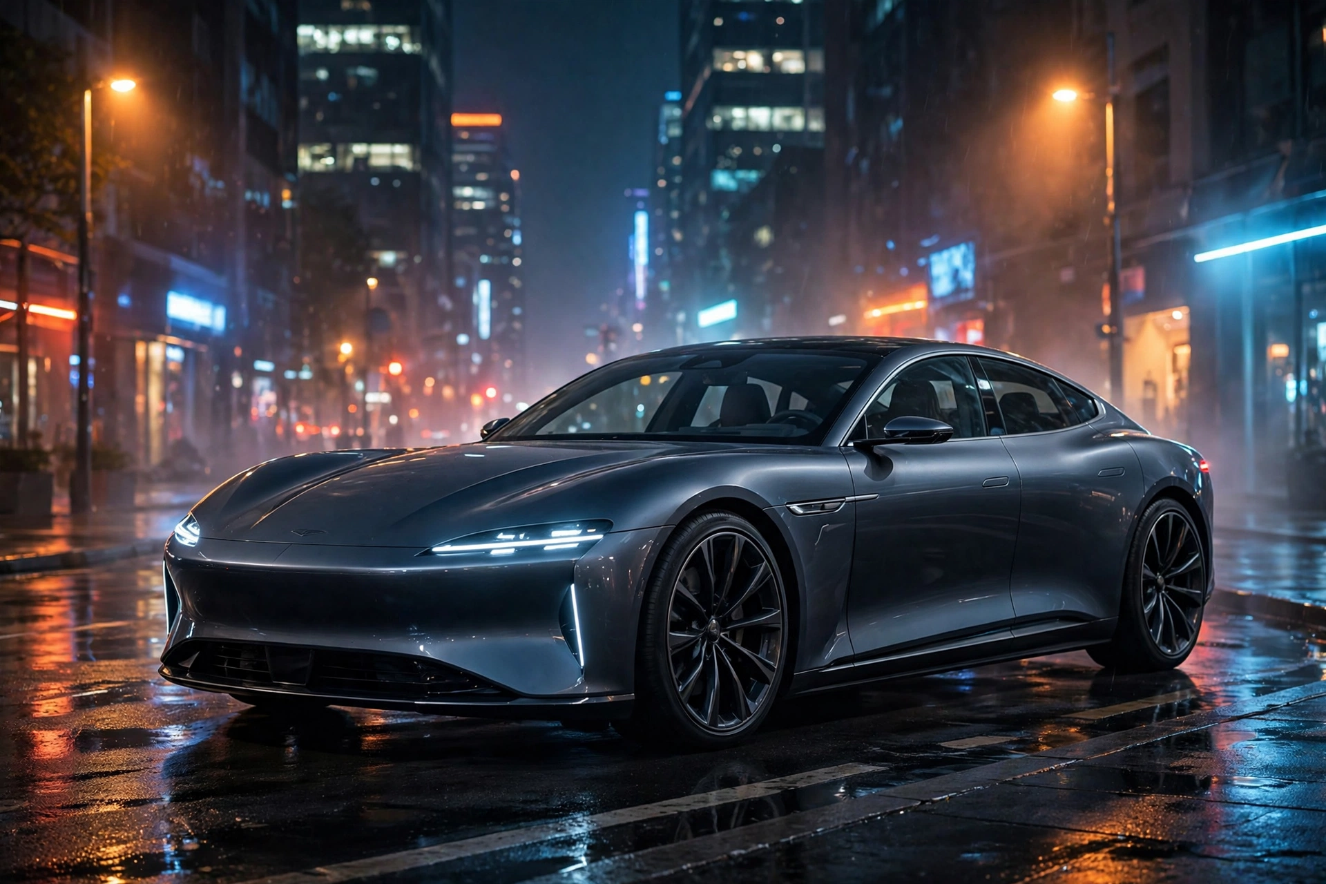 Illustration of a sleek four-door electric luxury grand tourer in a city at night