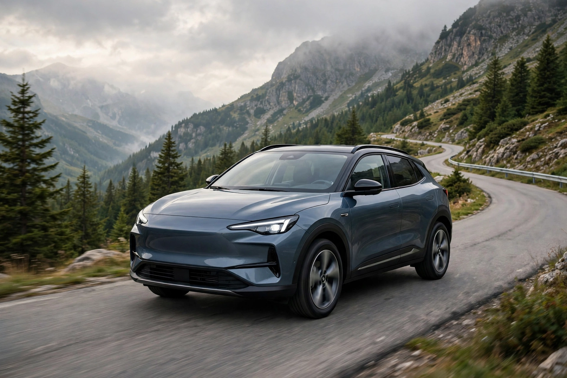 Illustration of a compact crossover SUV on a winding mountain road