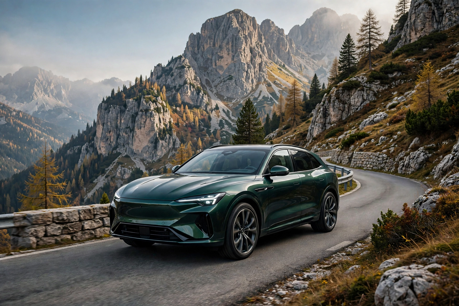 Illustration of an Italian luxury midsize SUV on a mountain pass
