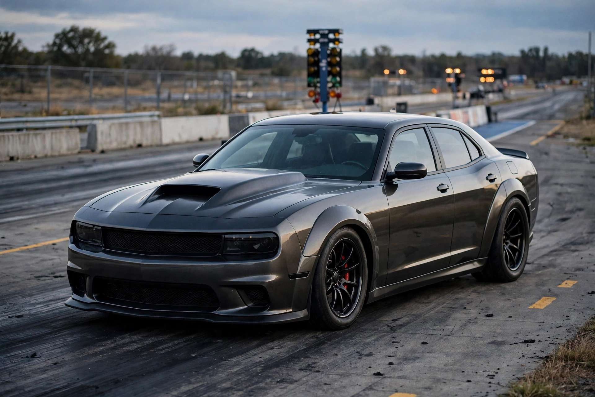 Illustration of a muscular American muscle sedan at a drag strip