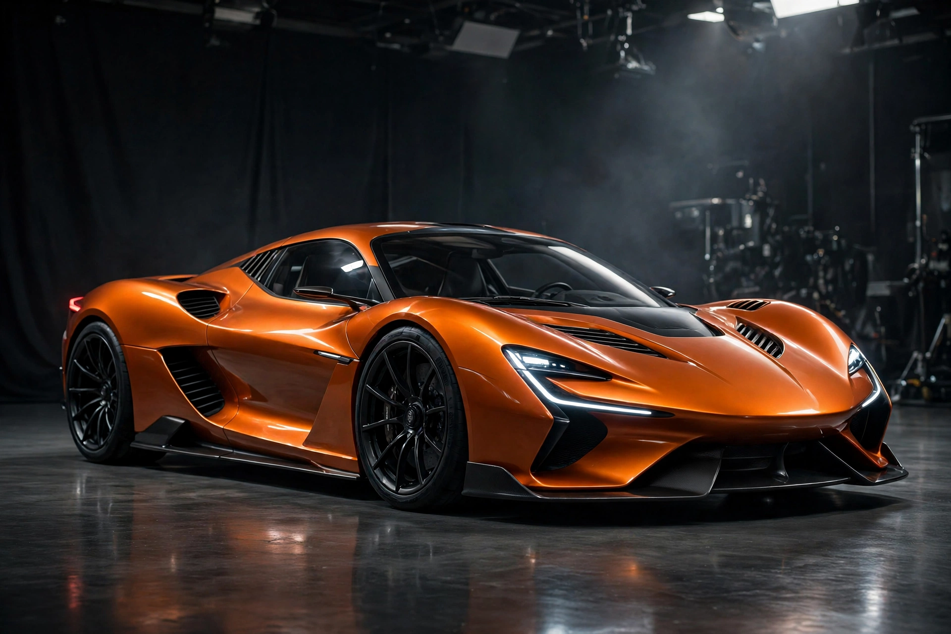 Illustration of an orange mid-engine supercar concept under studio lights