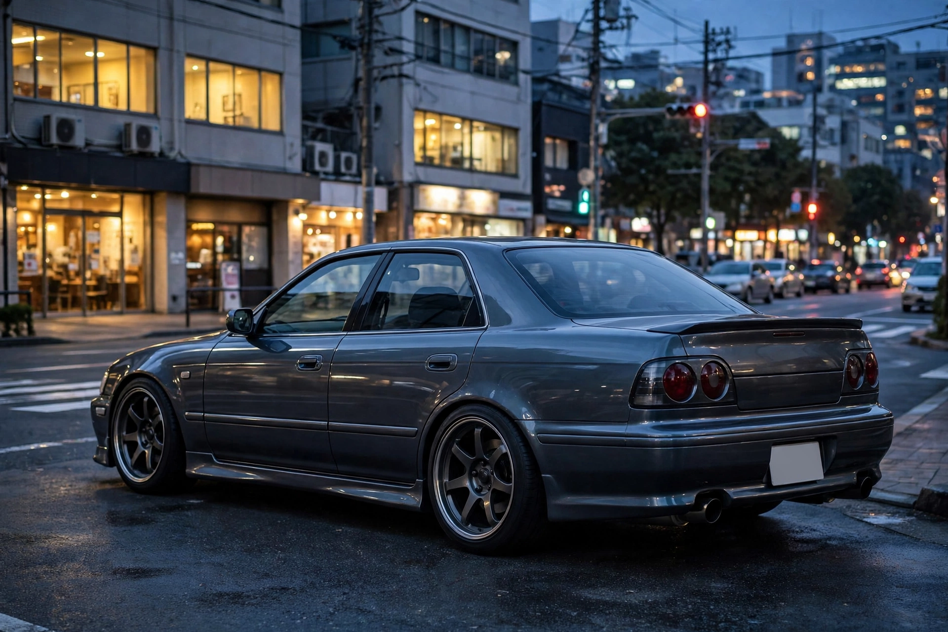 Illustration of a Japanese sports sedan on a city street at dusk