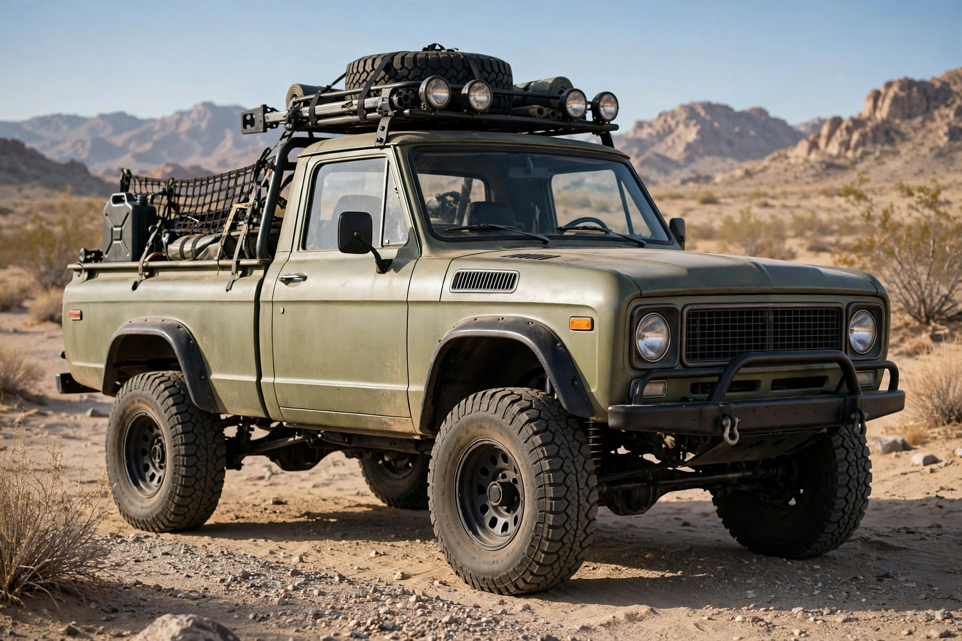 Illustration of a retro-styled off-road pickup truck in a desert