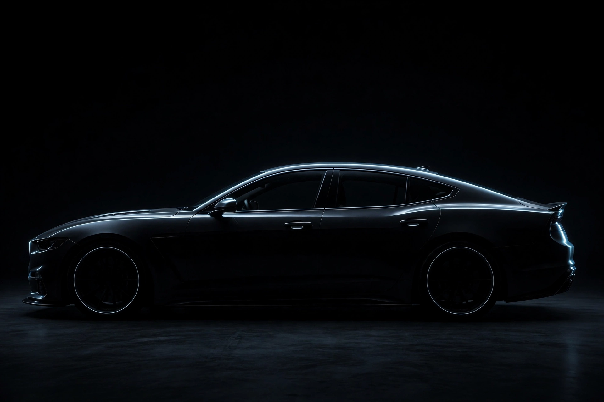 Illustration of a sleek American four-door performance sedan in a dark studio