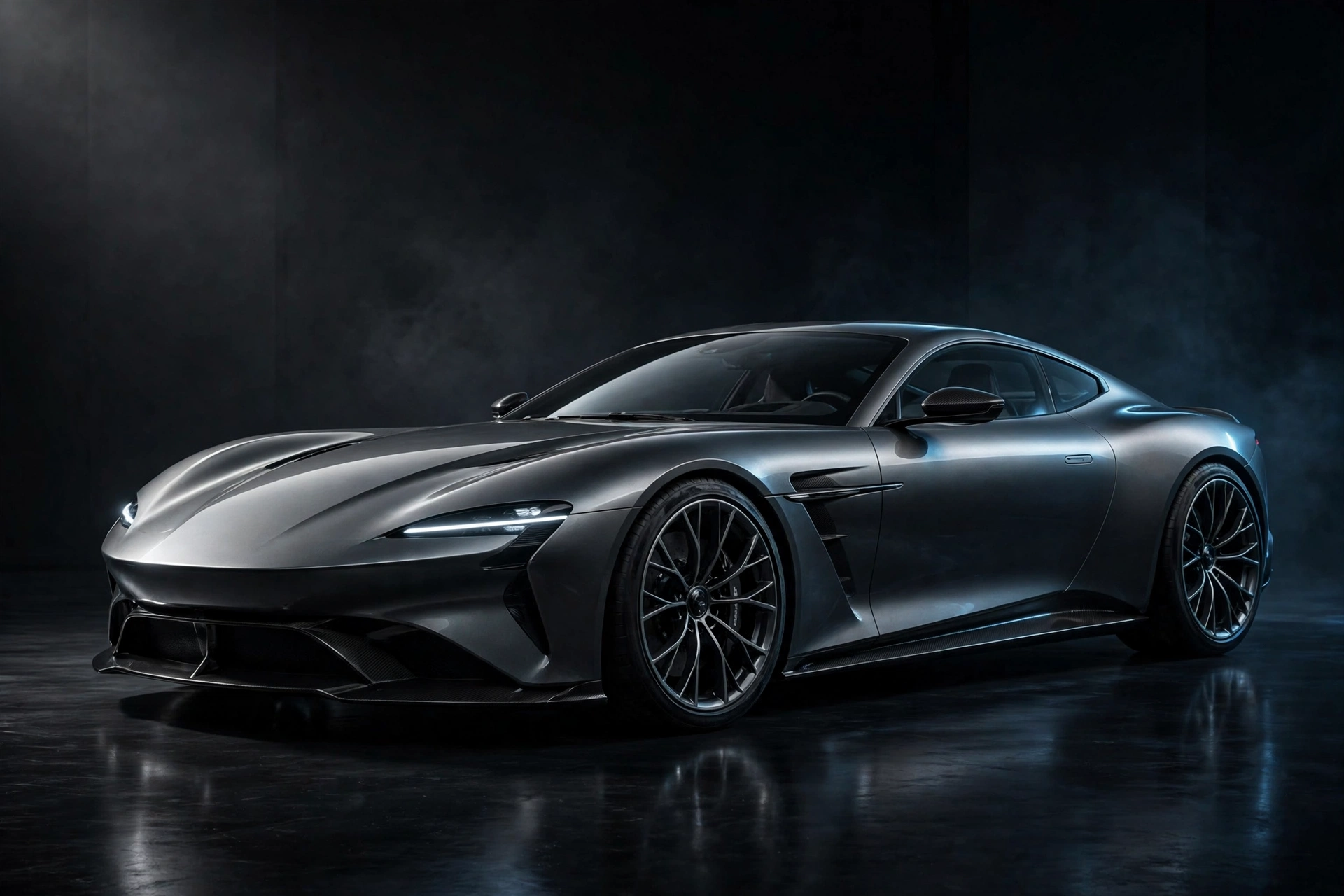Illustration of a long, low two-door flagship sports coupe in a dark studio
