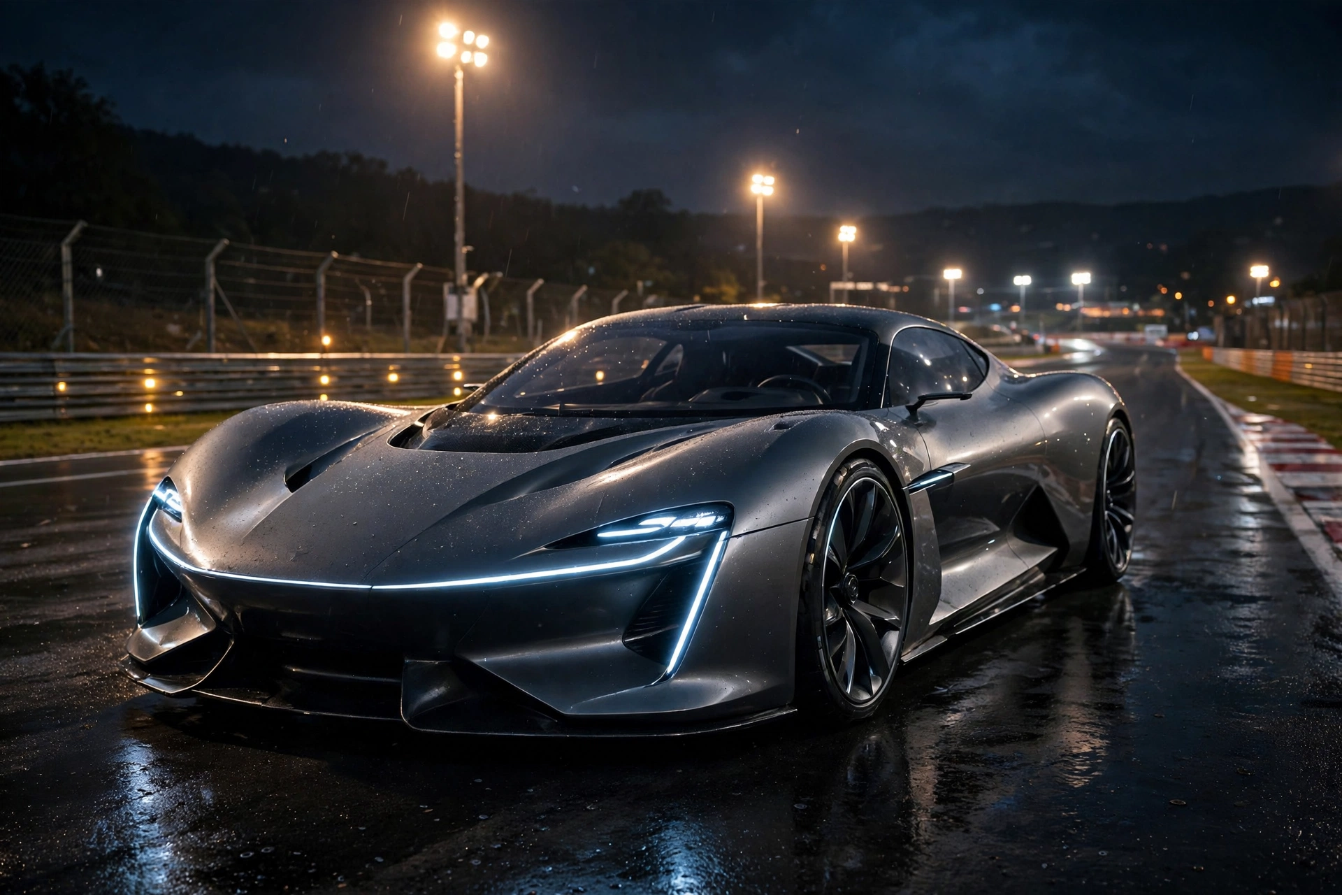 Illustration of a futuristic electric supercar on a night circuit