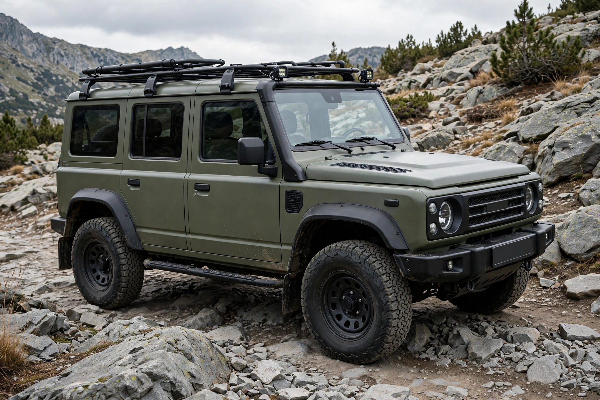 Illustration of a boxy body-on-frame off-road SUV on a rocky trail