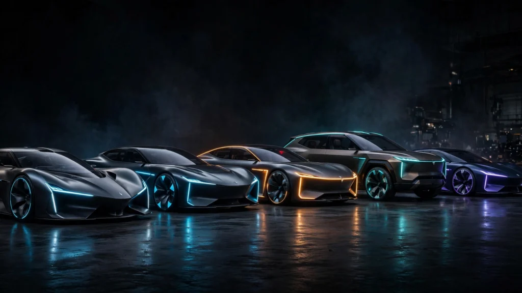 Illustration of future concept cars lined up in a dark studio
