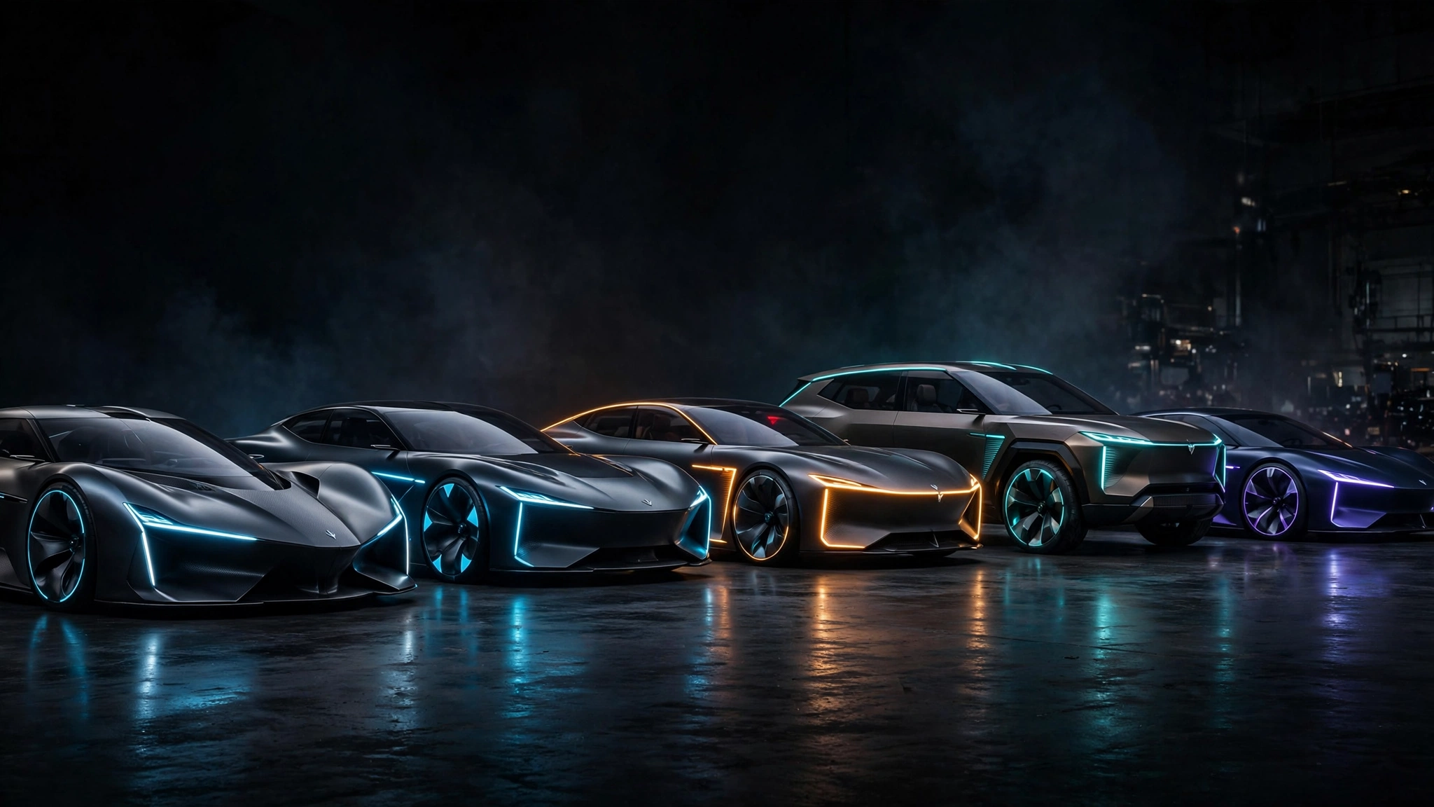 Illustration of future concept cars lined up in a dark studio