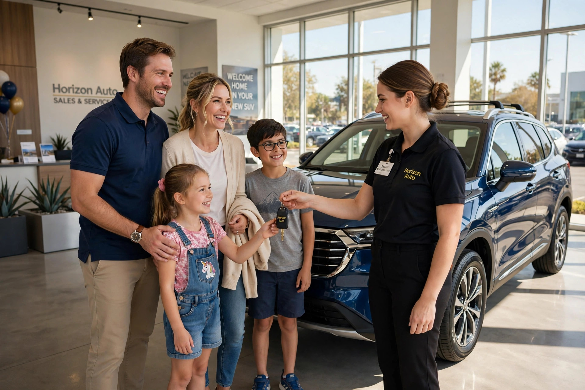 A happy family receiving the keys to their new SUV at a car dealership on a sunny day