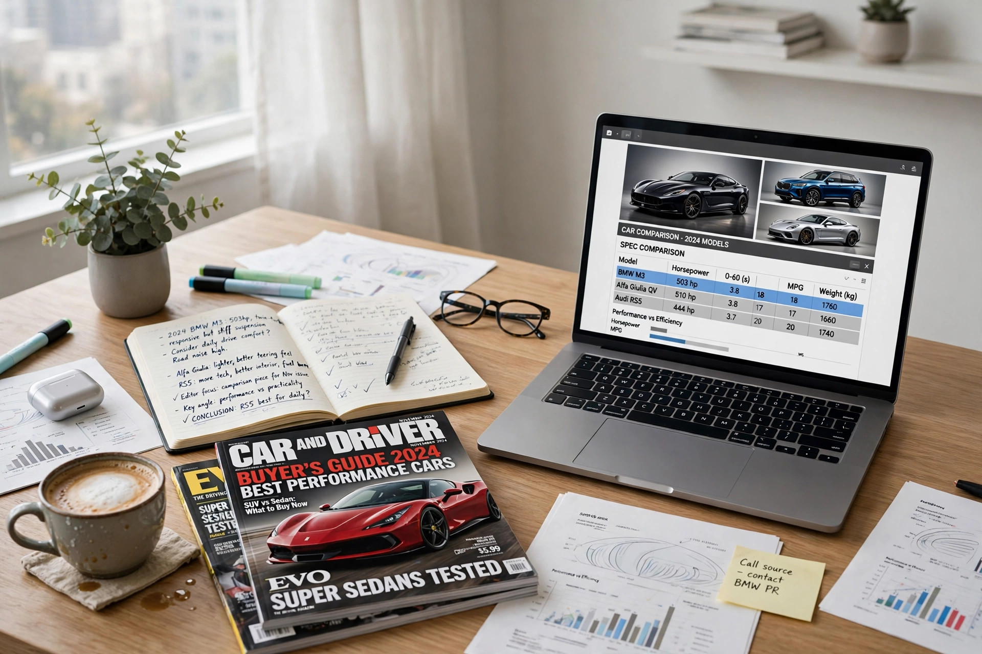 A car researcher's desk with a laptop showing car photos and specifications, an open notebook and car magazines