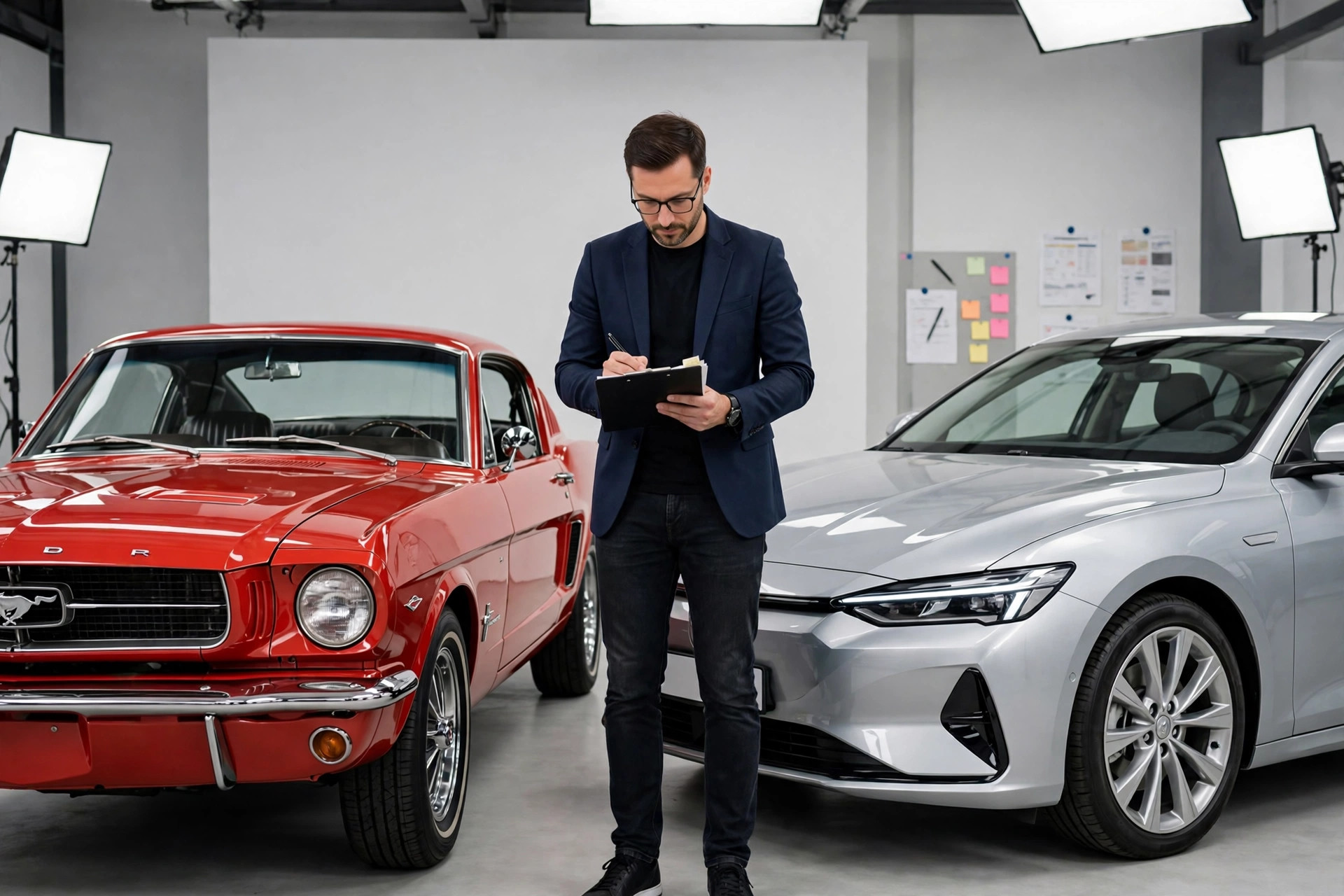 A reviewer comparing a classic red American muscle car and a modern silver sedan side by side in a studio