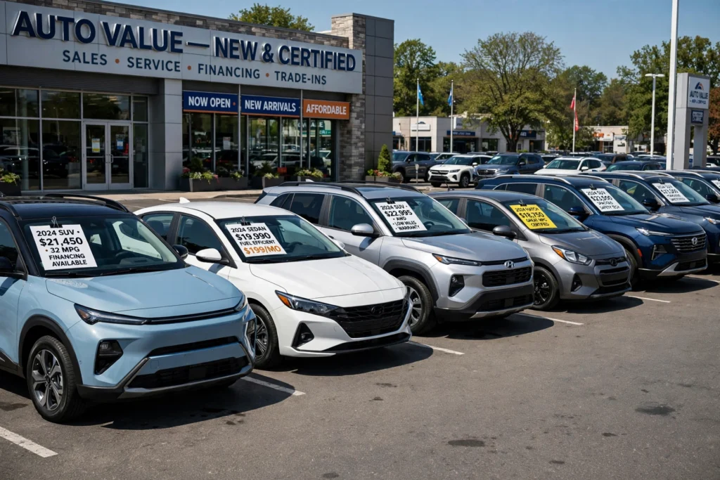 Row of new cars with price tags on their windshields at a dealership lot, some of the best cars under $30,000 on sale in 2026