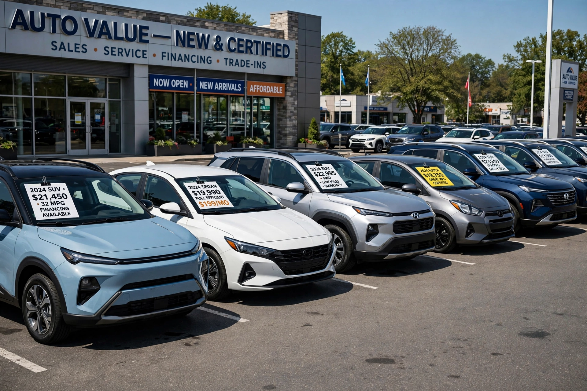 Row of new cars with price tags on their windshields at a dealership lot, some of the best cars under $30,000 on sale in 2026