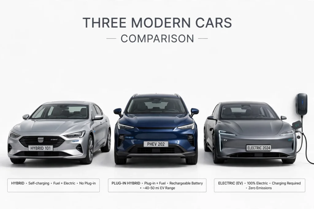 Hybrid vs plug-in hybrid vs EV running costs compared, with three modern cars side by side and one connected to a charging cable