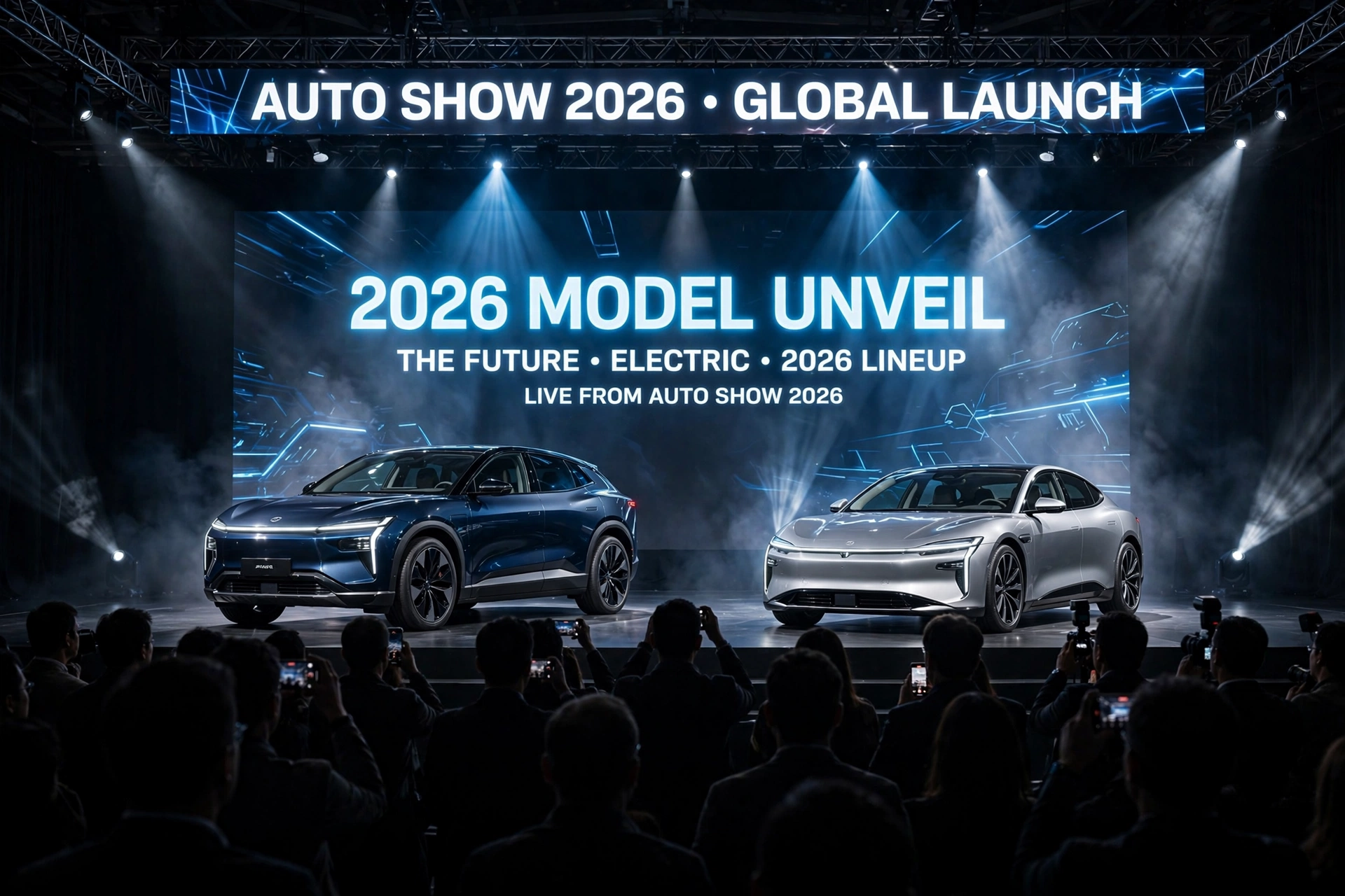New cars debuting on stage at America's 2026 auto shows under spotlights