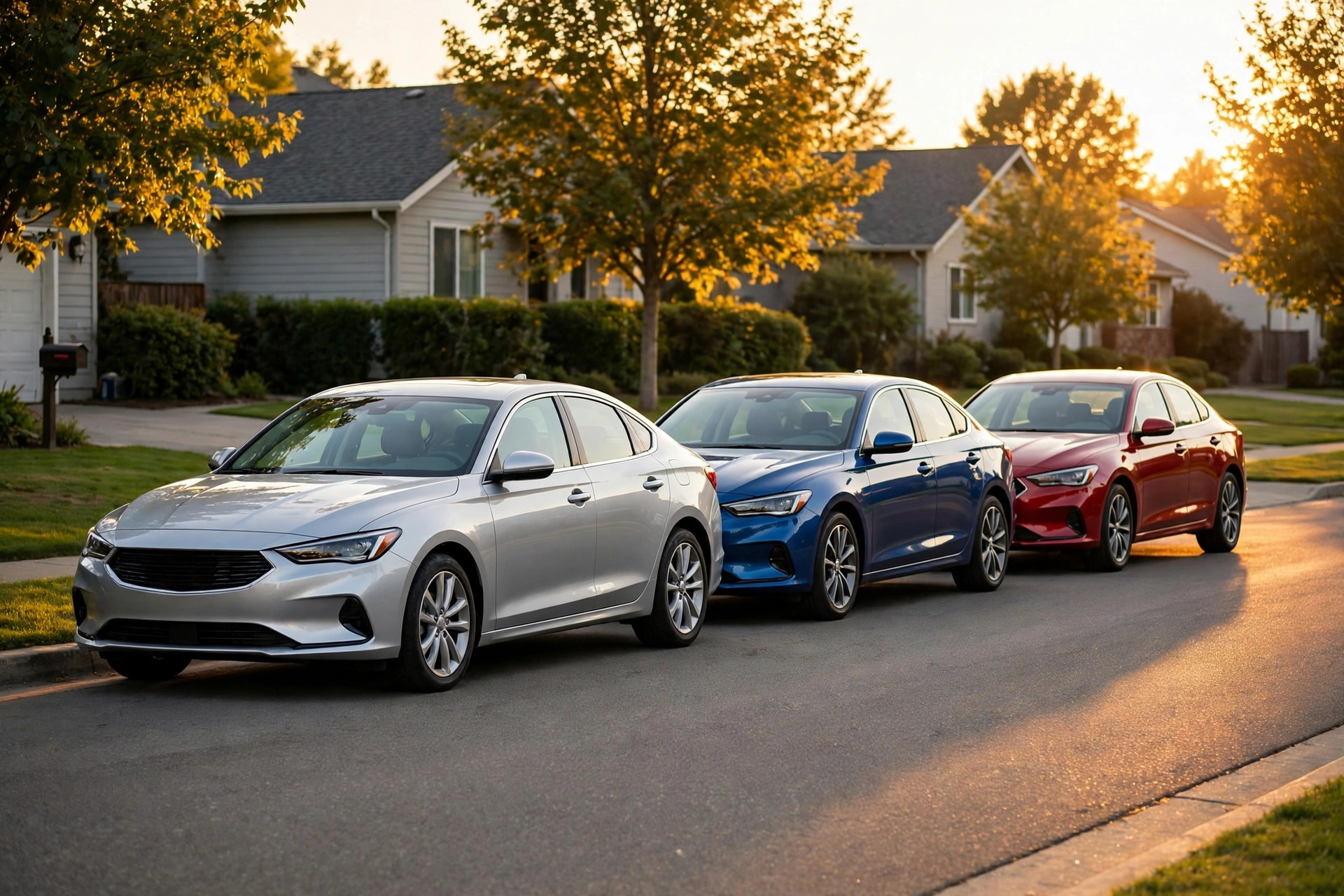 Illustration of three modern family sedans parked in a row