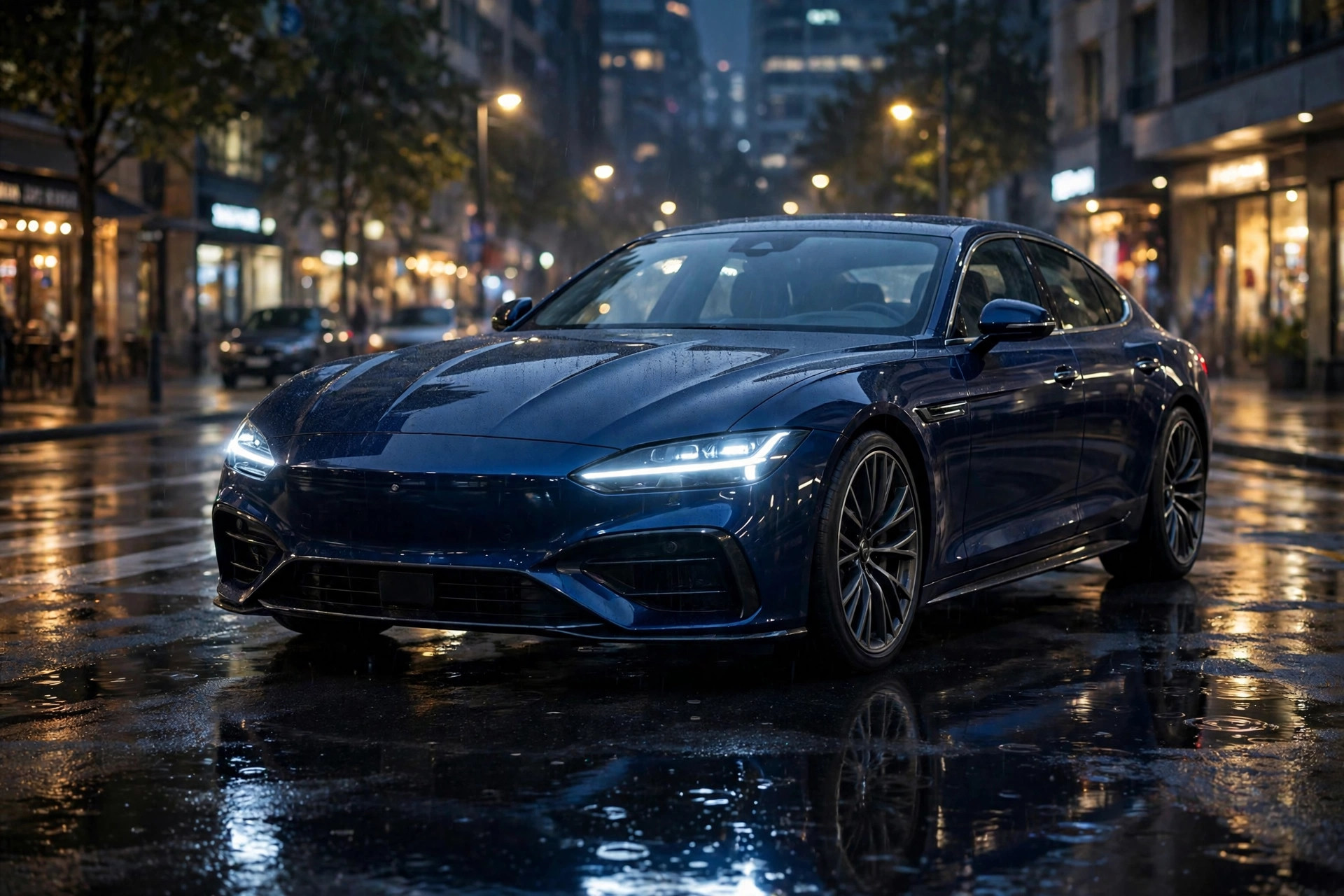 Dark blue BMW-style luxury sports sedan at night in the city — explore BMW car models, specs and prices