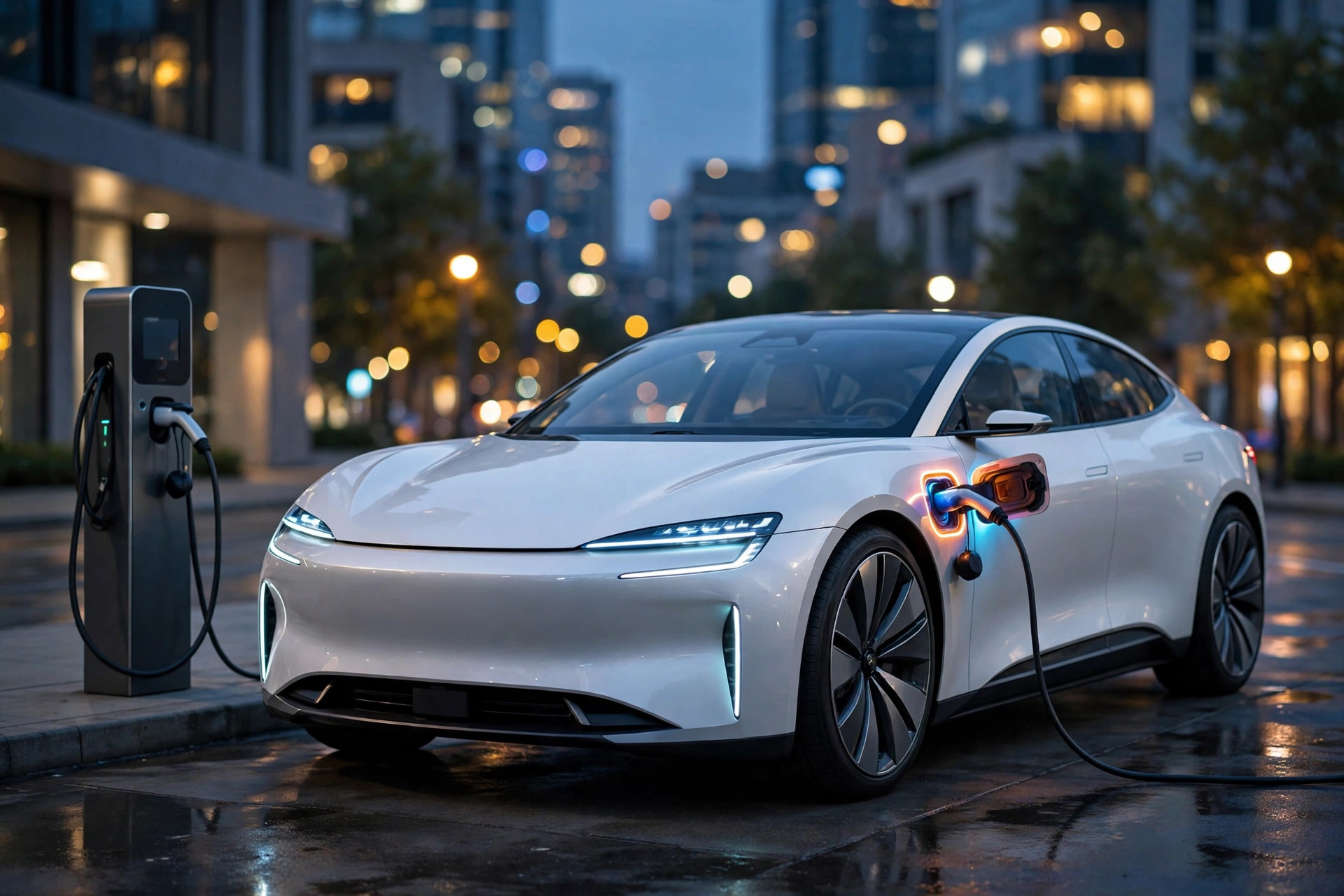 White electric car charging at a station at dusk — compare electric car models