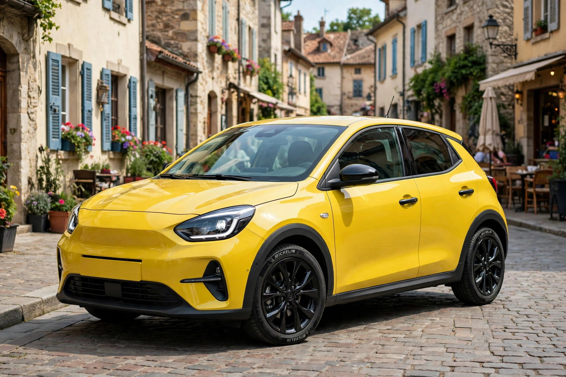 Yellow compact hatchback car on a European old town street — compare hatchback car models