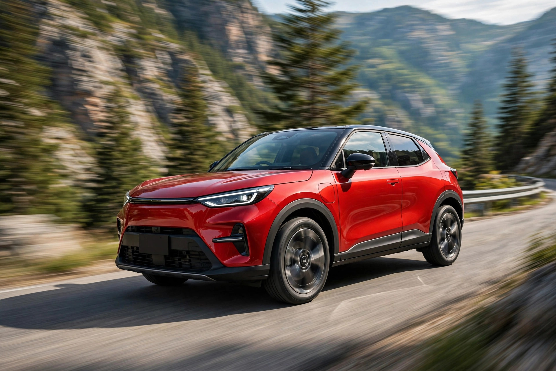 Red Honda-style compact SUV driving on a mountain road — explore Honda car models, specs and prices