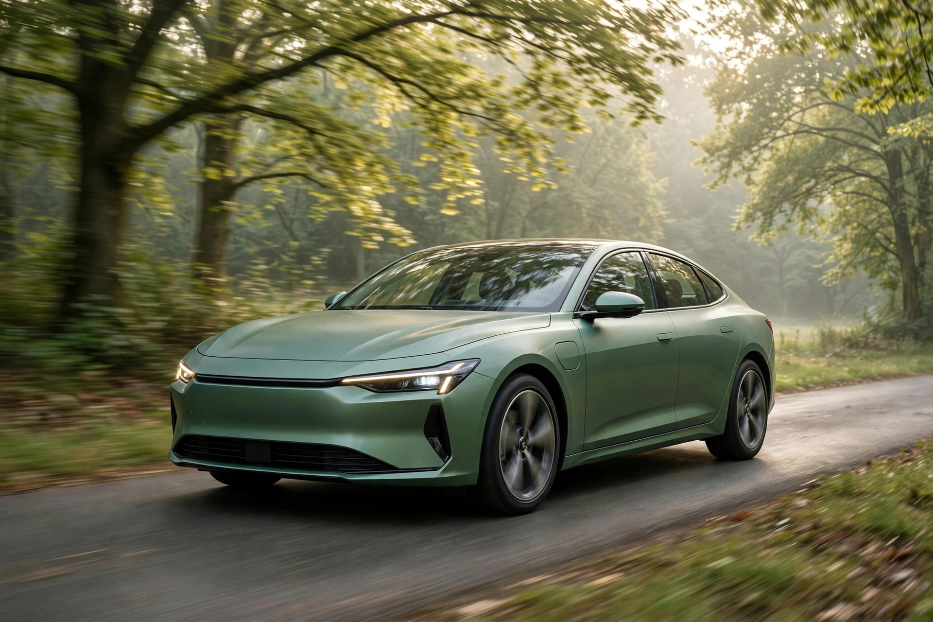 Green hybrid sedan driving on a tree-lined road — compare hybrid car models