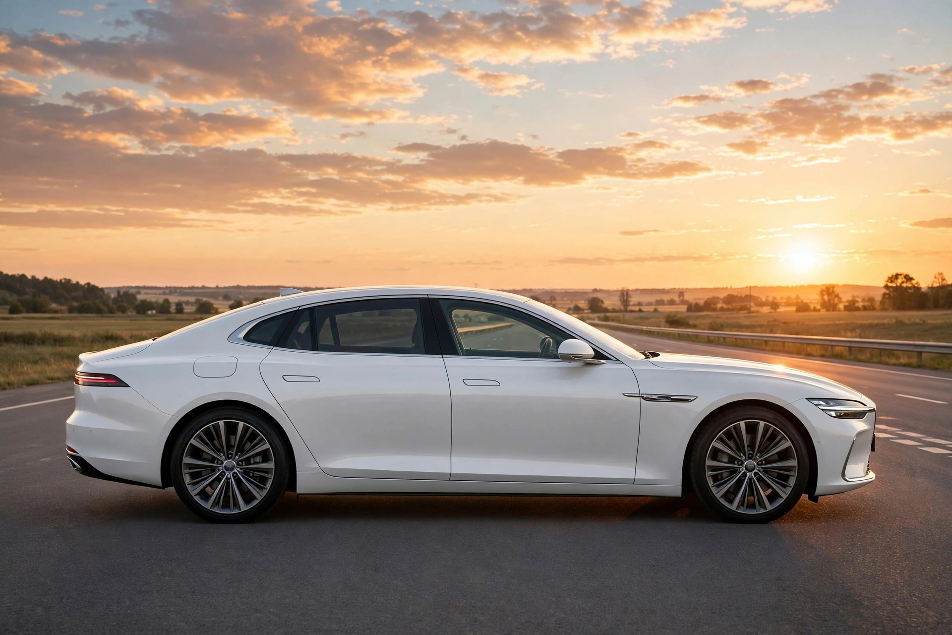 White executive sedan side profile on a highway at sunset — compare sedan car models