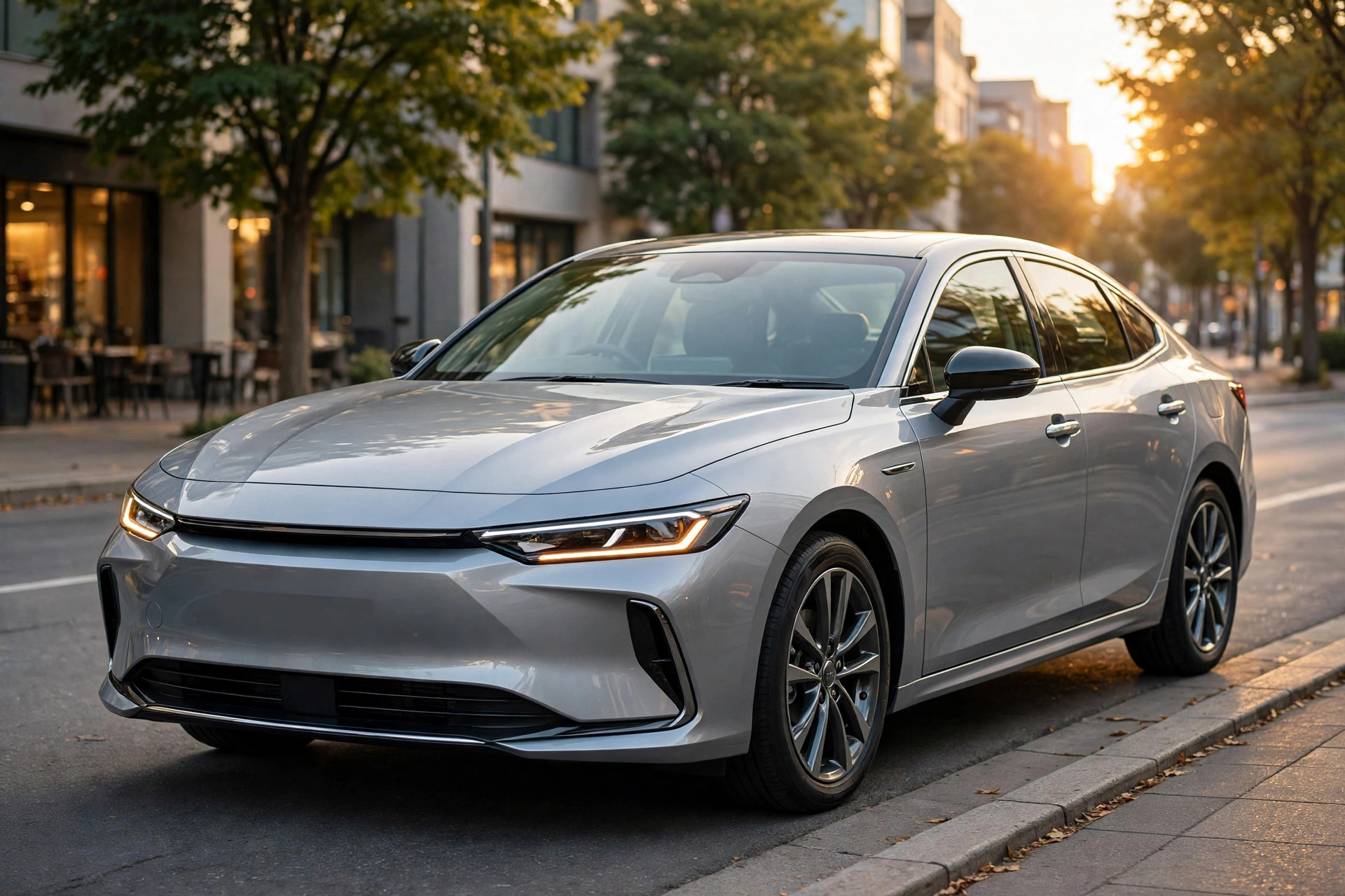 Silver Toyota-style mid-size sedan on a city street at golden hour — explore Toyota car models, specs and prices