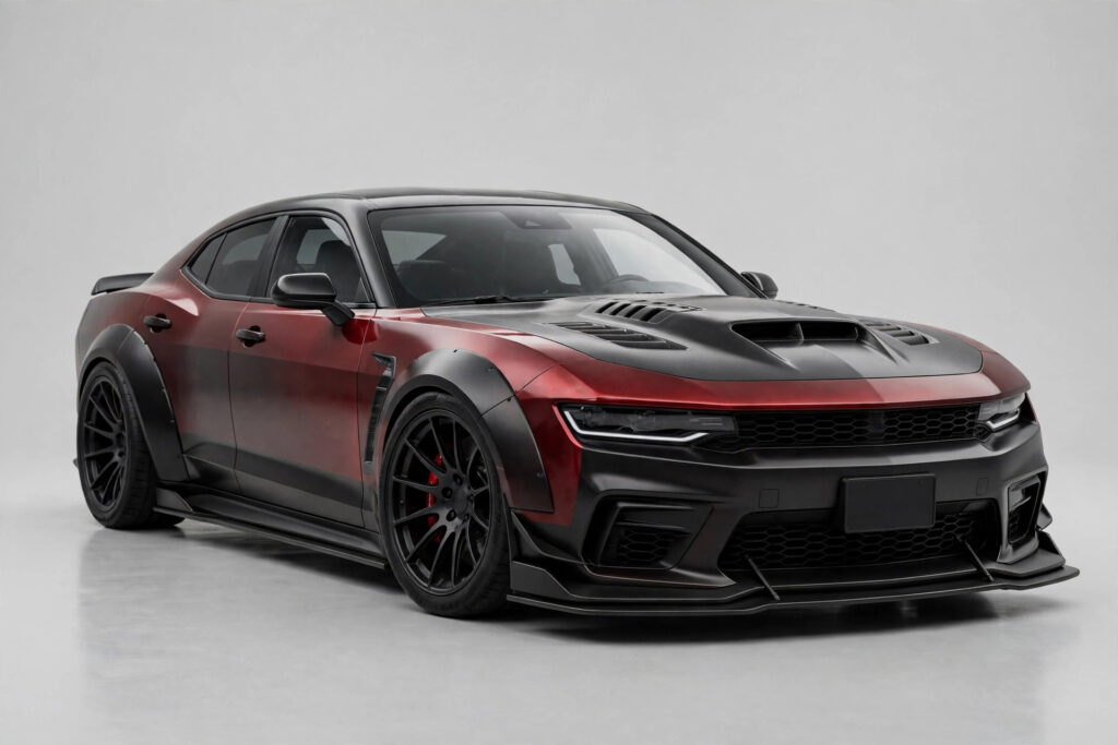 Illustration of a modern muscle car with a hood scoop