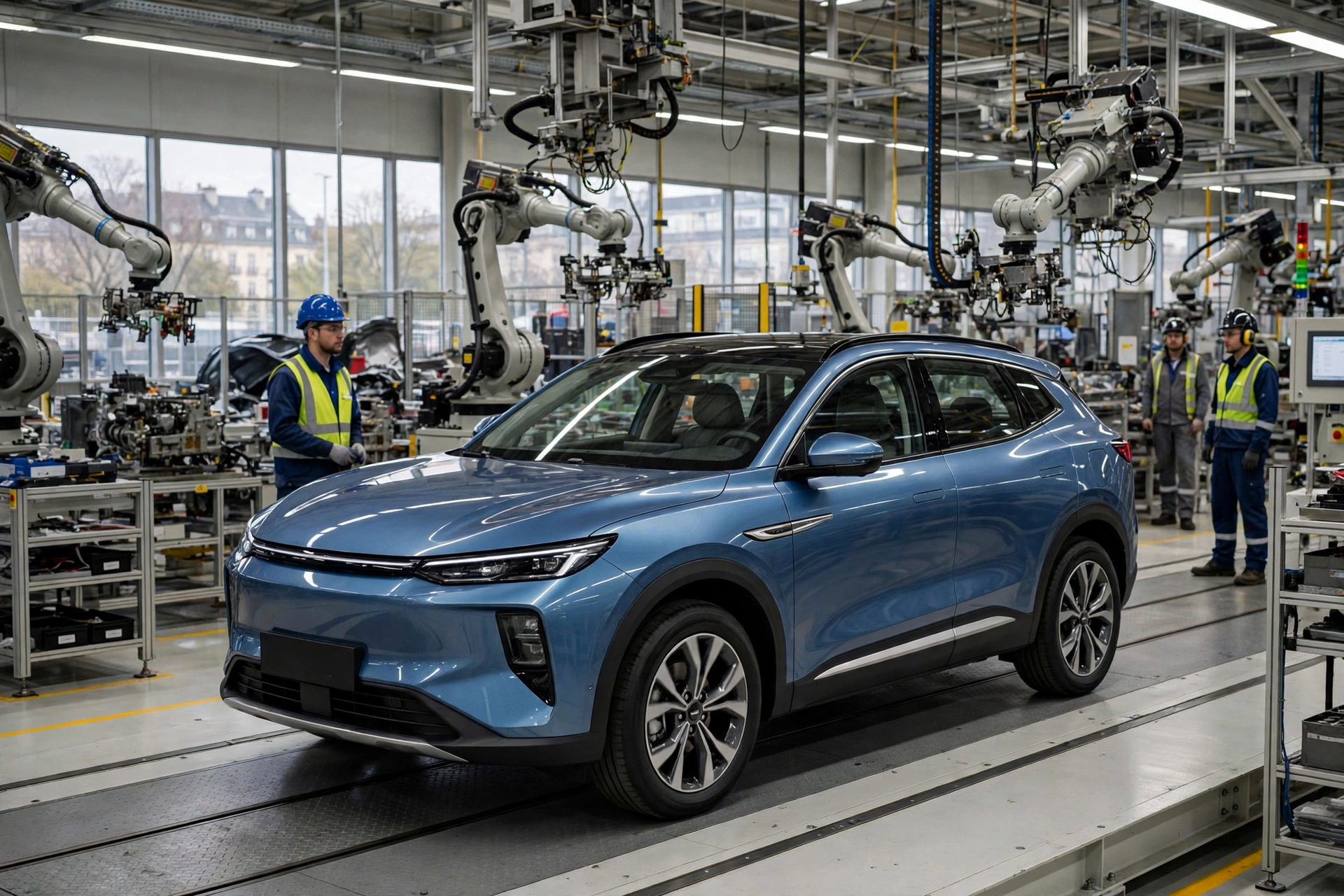 Blue crossover SUV on an assembly line inside a modern overseas car factory with robotic arms and workers