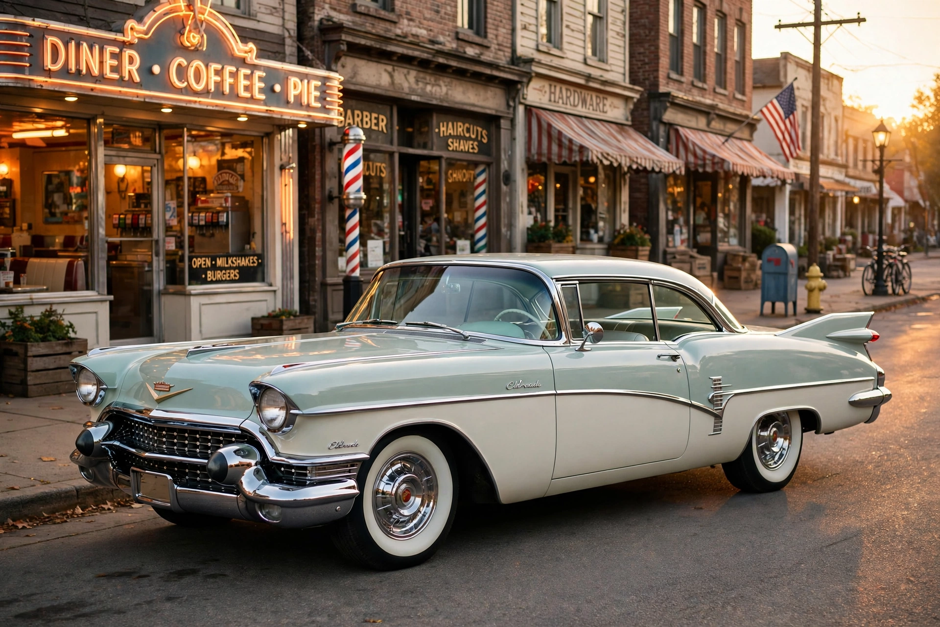1950s American classic car with chrome trim and tailfins on main street at golden hour
