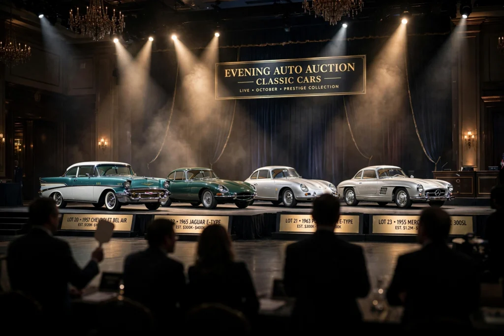 Classic cars on stage at an evening auto auction with spotlights