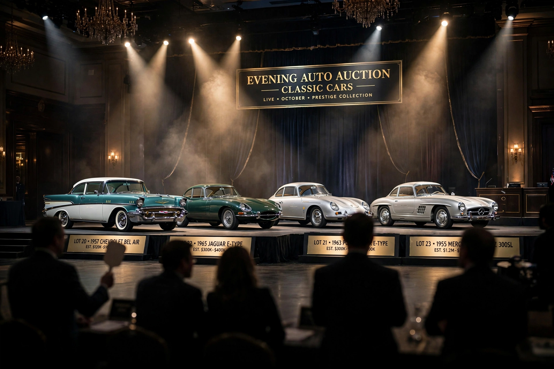 Classic cars on stage at an evening auto auction with spotlights
