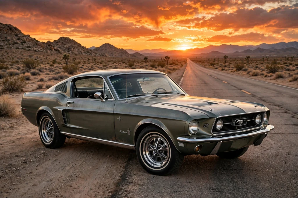 Classic American muscle car, 1960s fastback coupe on a desert highway at sunset