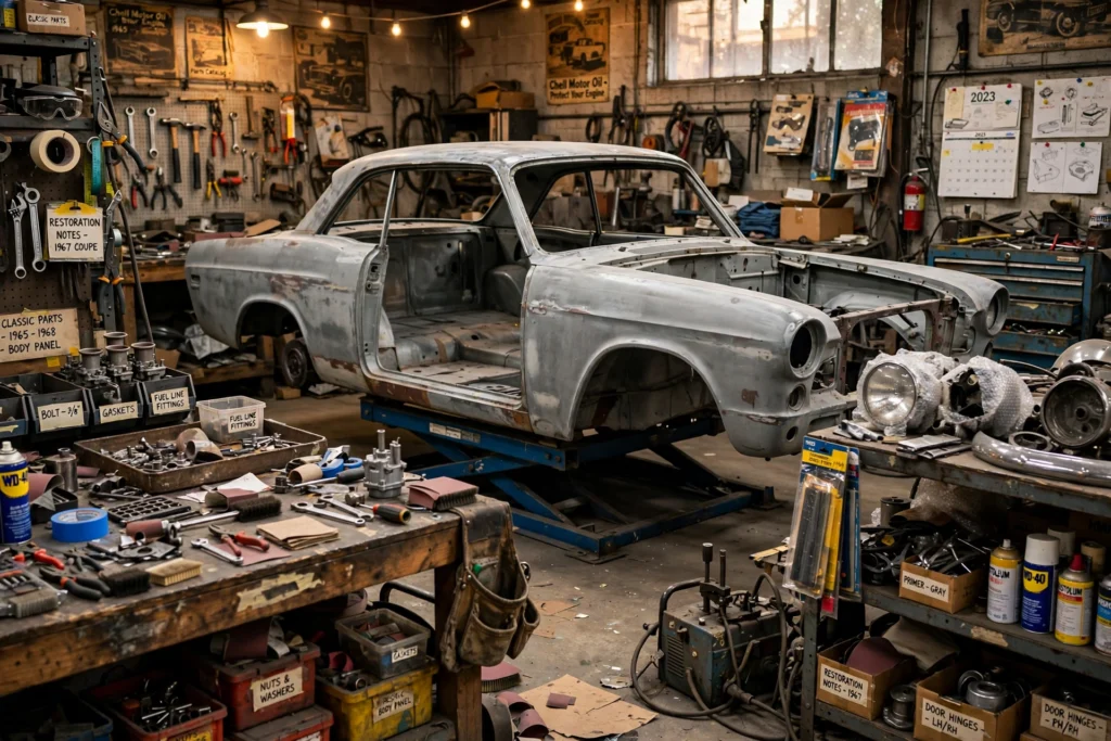 Classic car restoration workshop with vintage car body on a lift