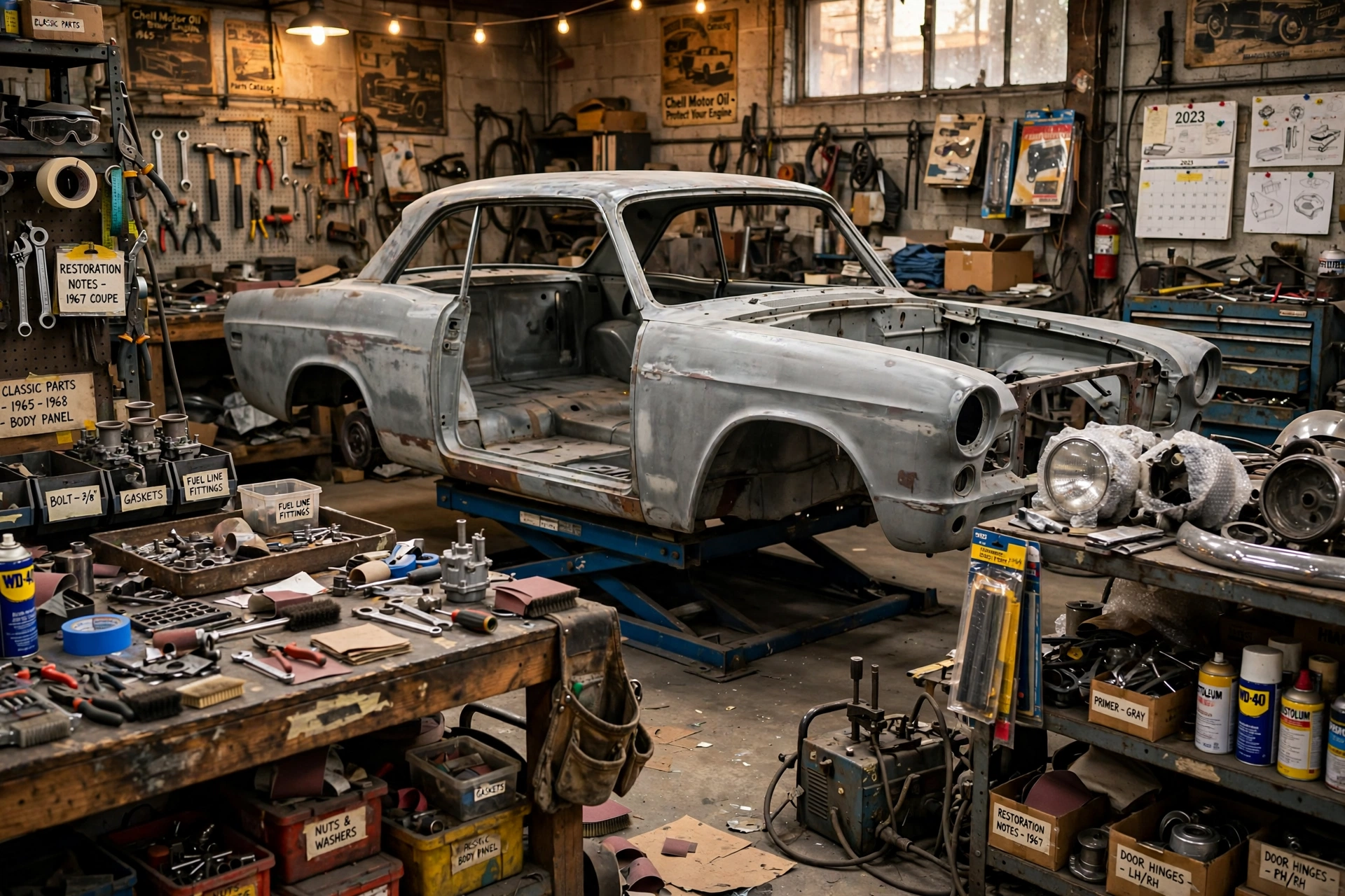 Classic car restoration workshop with vintage car body on a lift