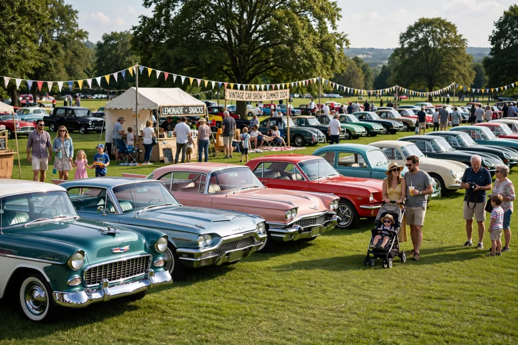 Vintage car show with rows of classic cars on grass on a sunny day