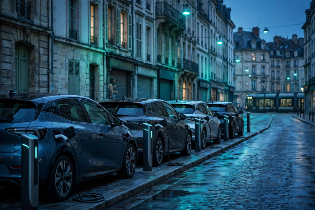 Original AI concept art of modern compact electric hatchbacks charging at curbside chargers on a European city street at dusk, with historic buildings and a tram behind them, reflecting the growth of Europe EV sales