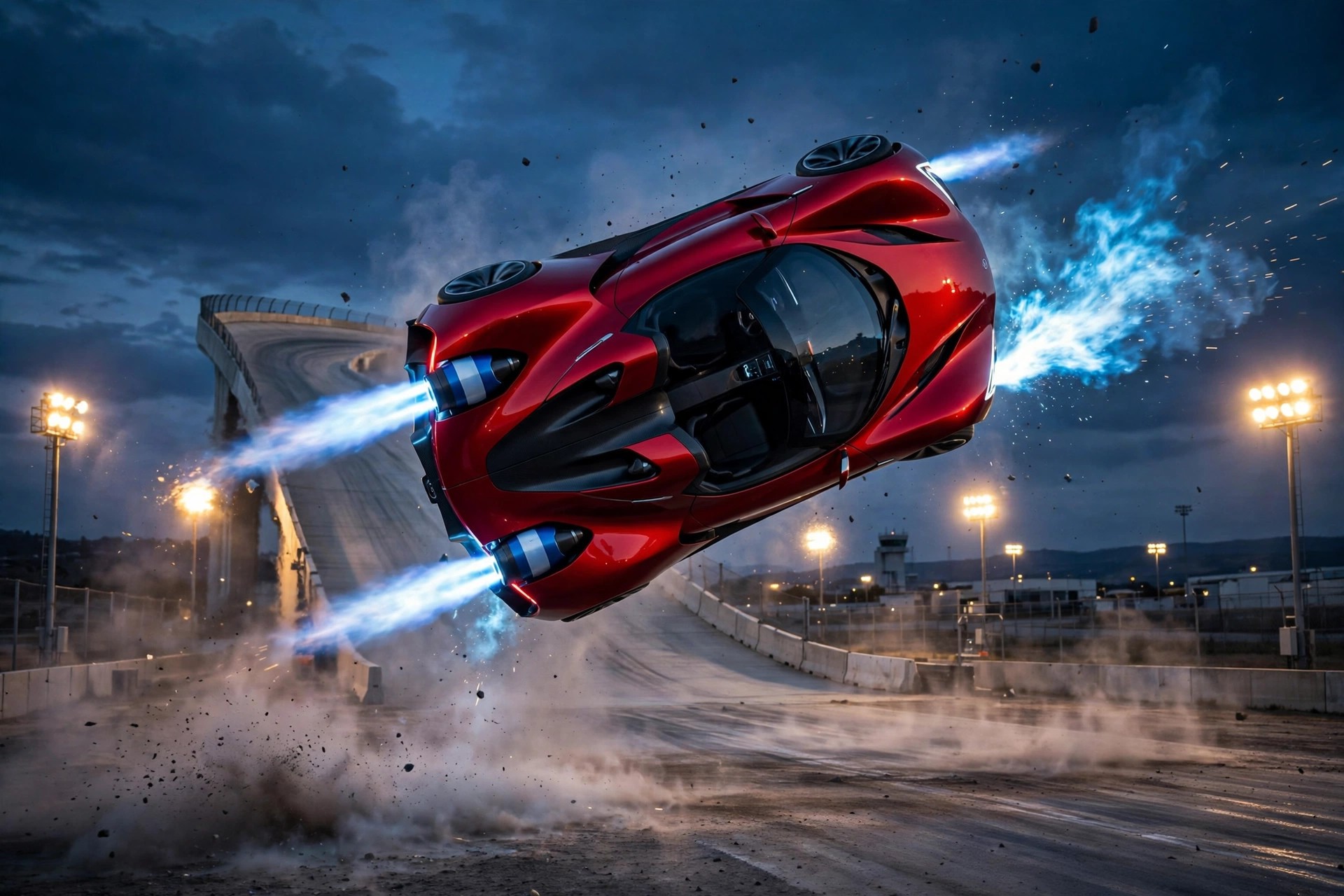 Artist's concept of a futuristic red electric flying roadster performing an aerial maneuver with glowing thrusters above a test track at dusk