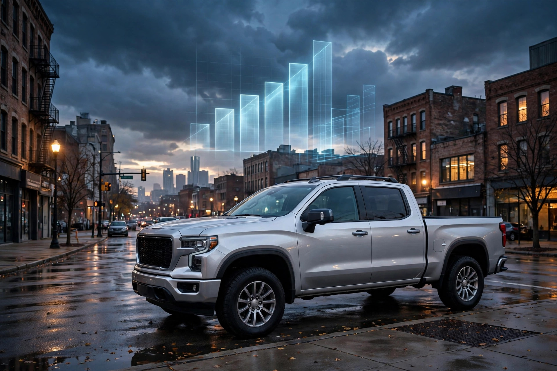 Original AI concept art of a silver full-size American pickup truck on a Detroit city street at dusk with a glowing rising bar-chart hologram in the sky