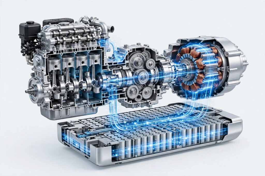 Illustration of a hybrid car powertrain with engine, electric motor and battery
