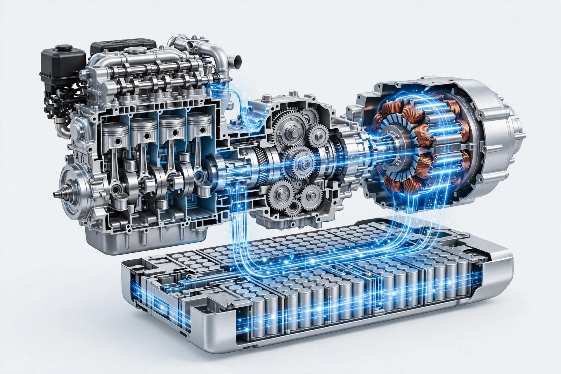 Illustration of a hybrid car powertrain with engine, electric motor and battery